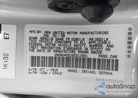 2009 Toyota Corolla Le из США, поврежденный, VIN 1NXBU40E19Z011591